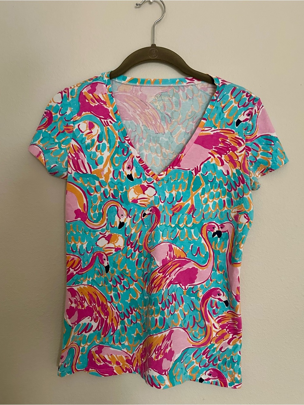 Lilly Pulitzer Flamingo V-Neck Tee in Pink & Teal - XS